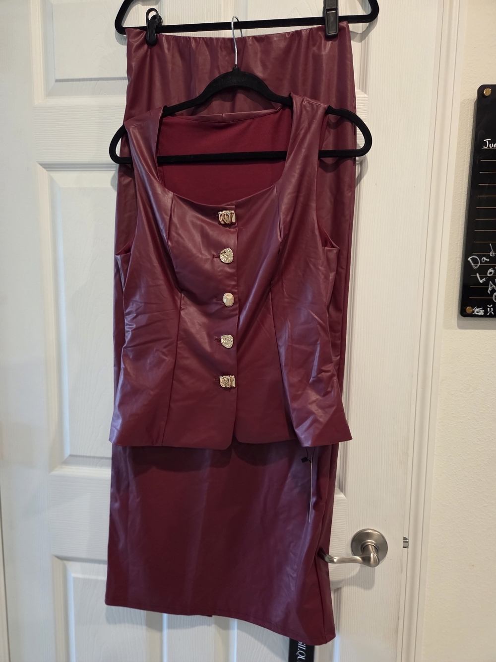 Faux Leather Burgundy Maxi Skirt Set with Buttoned Top - Picture 2 of 7